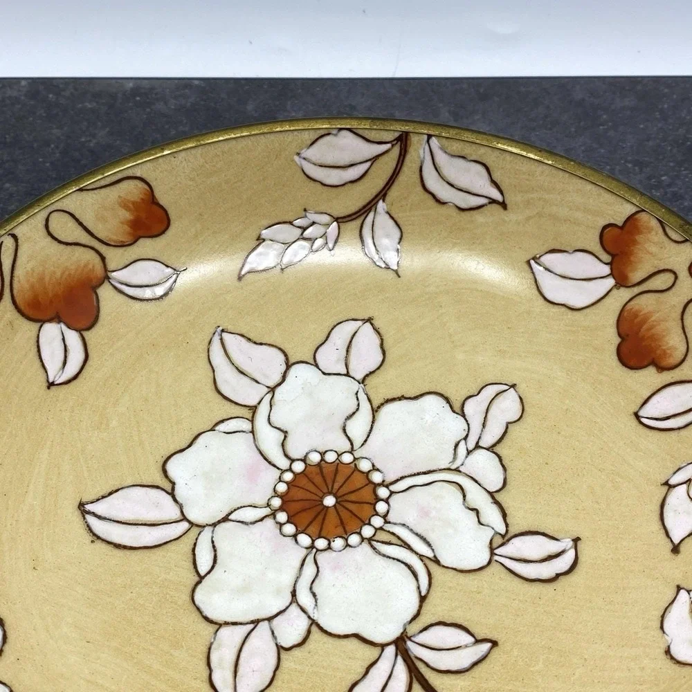 Vintage Crowning Touch Enamel Brass Rim Bowl Floral Asian Hong Kong 7.5